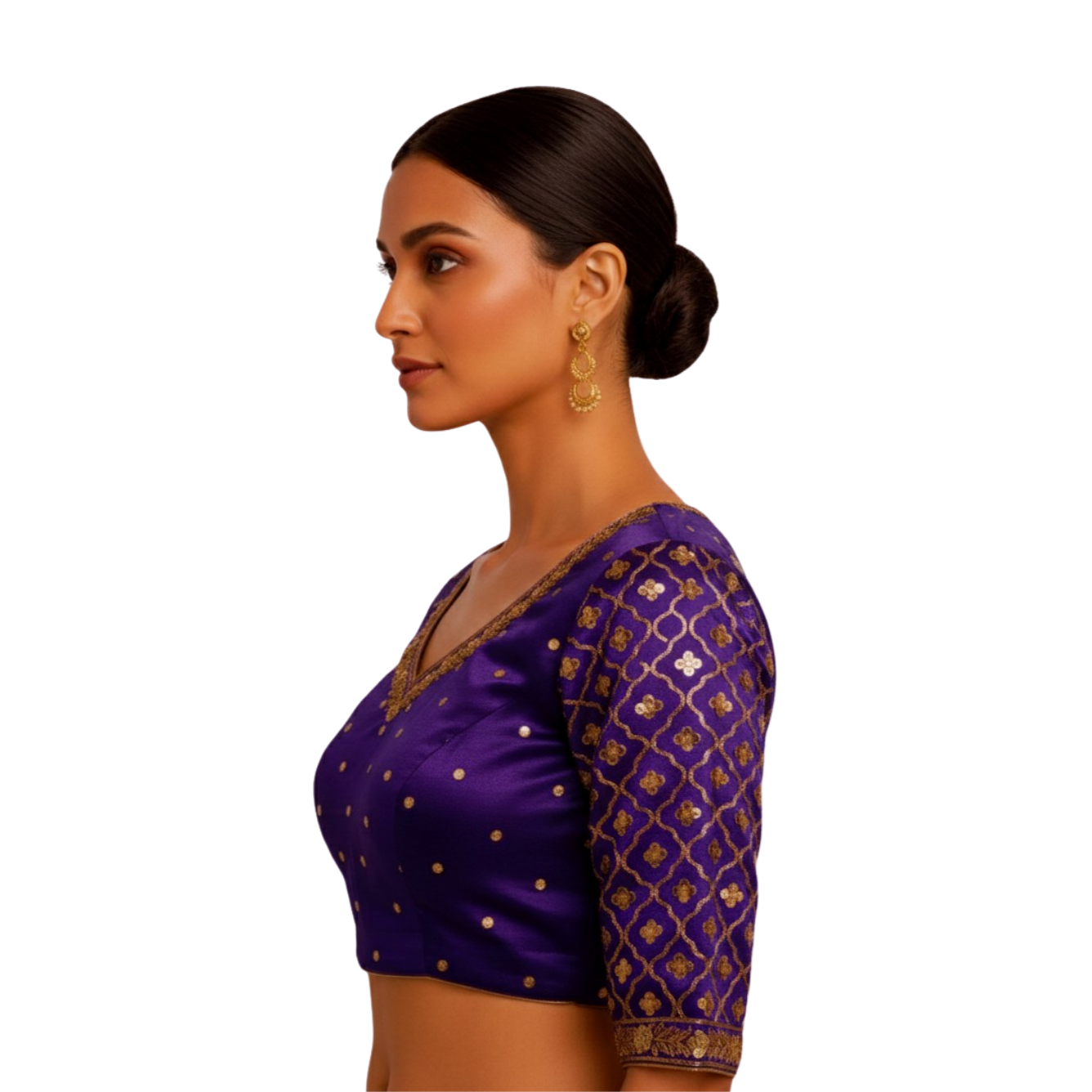 Statement Purple V-Neck Blouse with Quarter Sleeves and Geometric Work