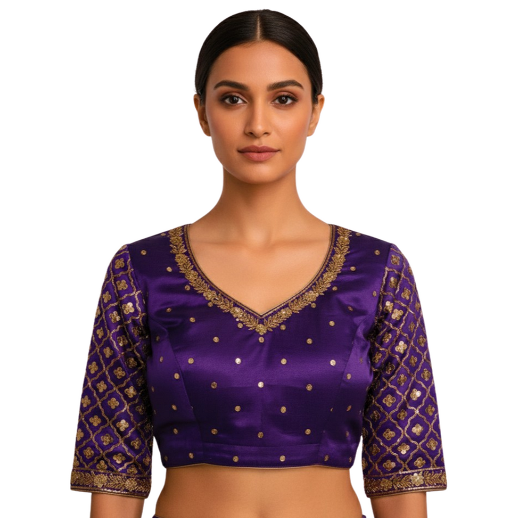 Statement Purple V-Neck Blouse with Quarter Sleeves and Geometric Work