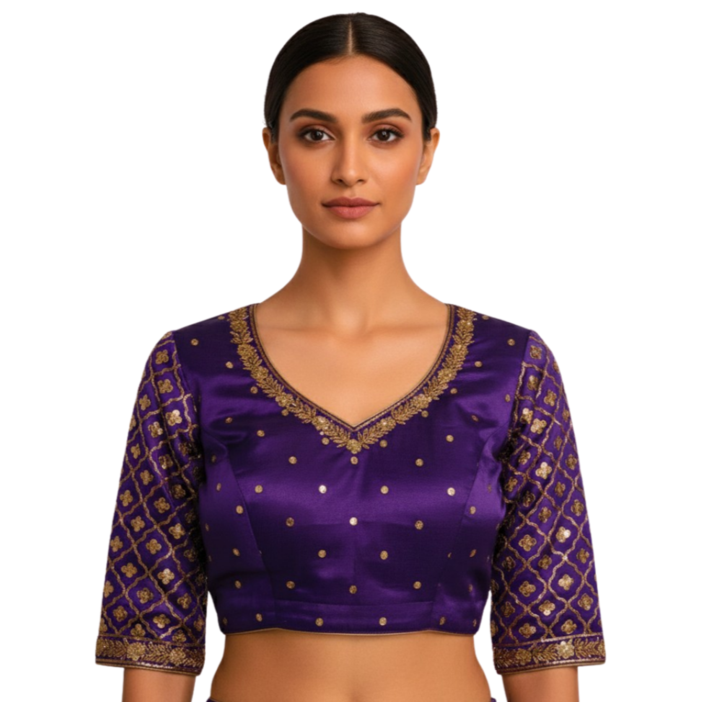 Statement Purple V-Neck Blouse with Quarter Sleeves and Geometric Work
