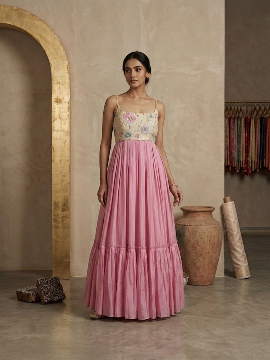 Blush Radiance Tiered Silk Gown with Pastel Embroidered Bodice