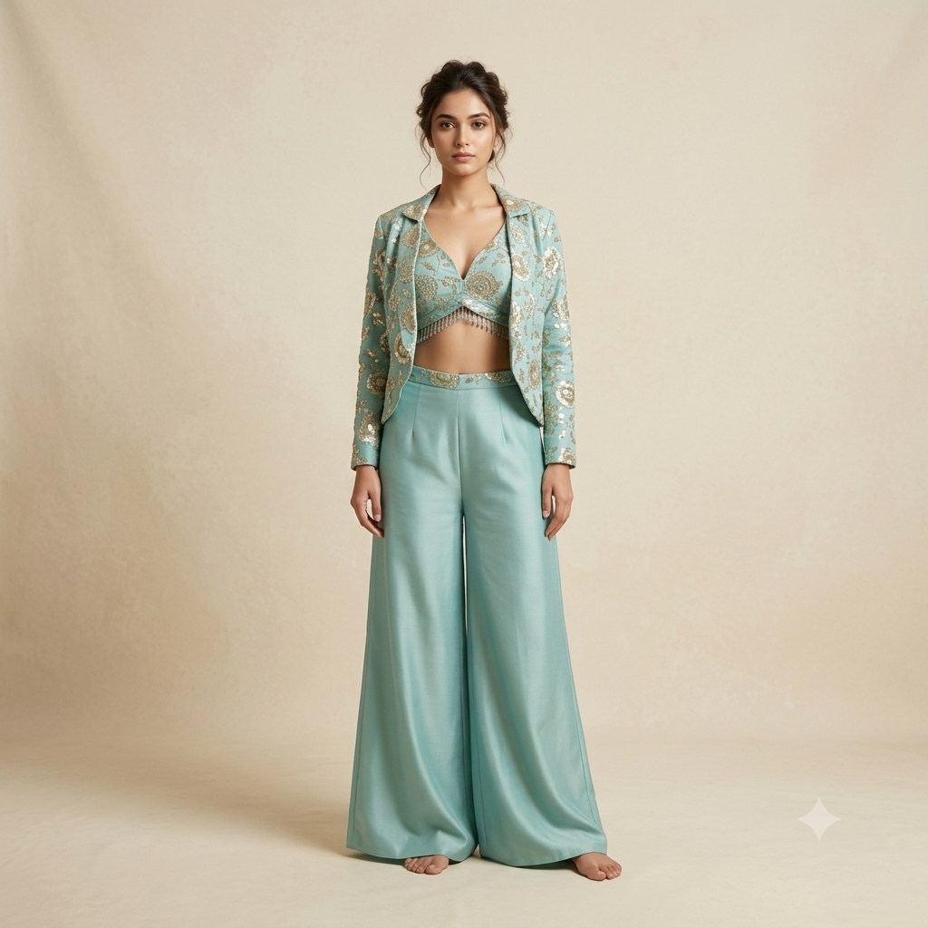 Tissue Embroidered Jacket Plazzo Set