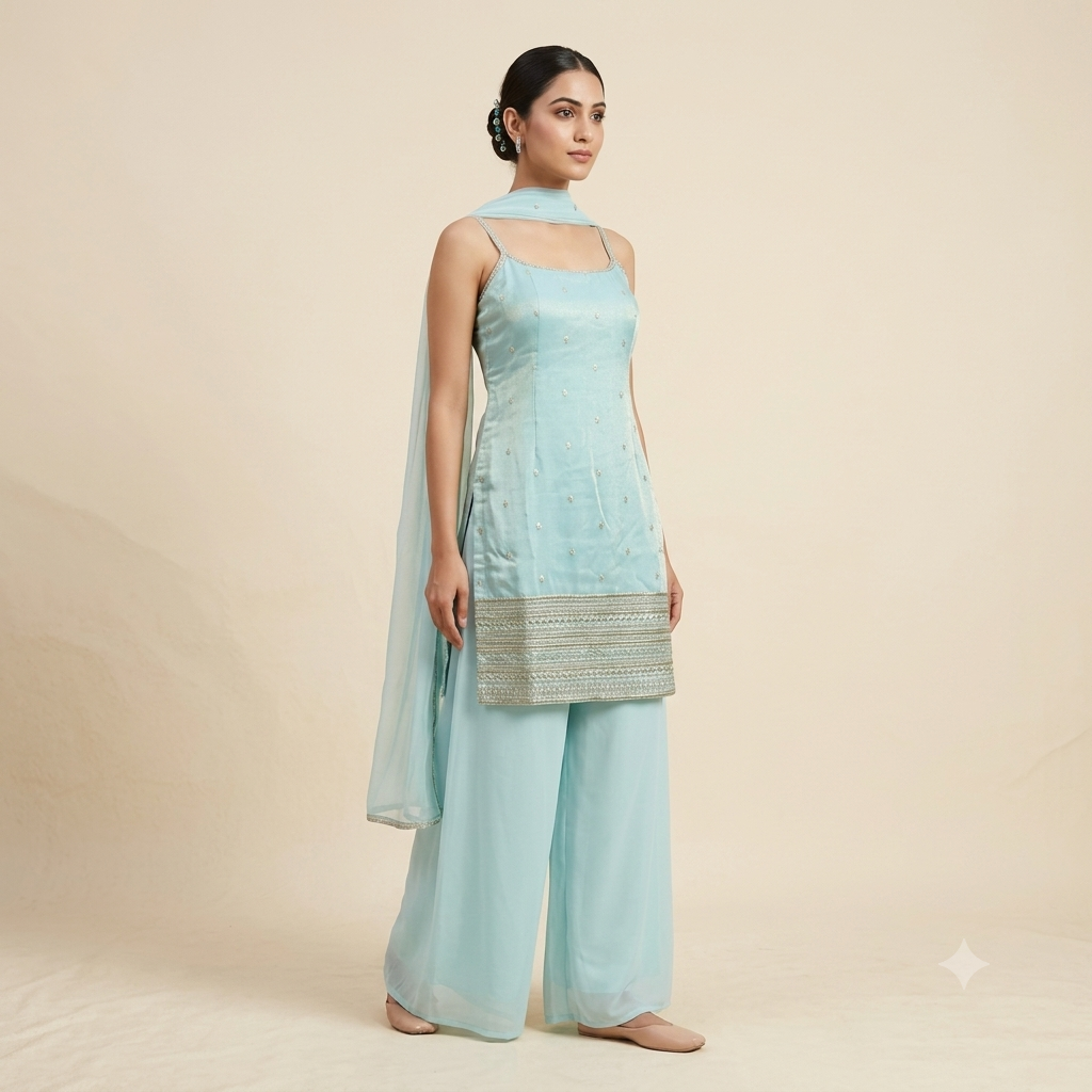 Embroidered Tissue Short Top Plazzo Set