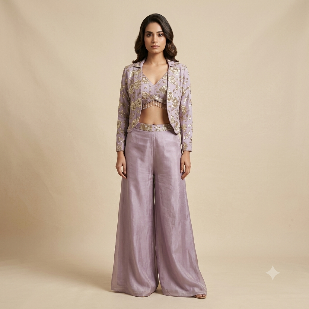 Tissue Embroidered Jacket Plazzo Set