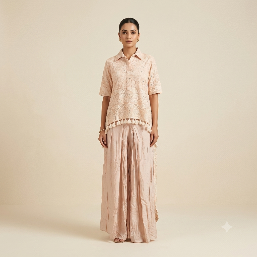 Peach Chikankari Top & Dhoti Set