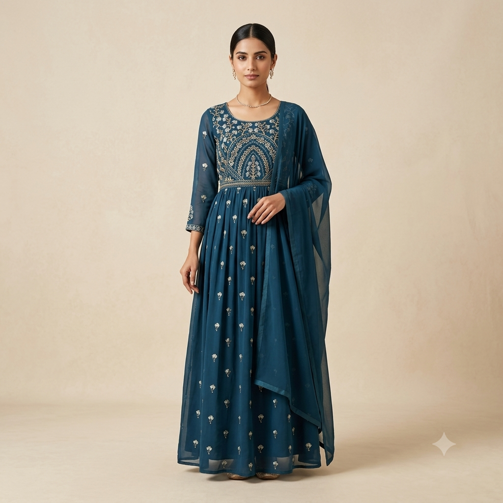 Teal Embroidered Georgette Gown