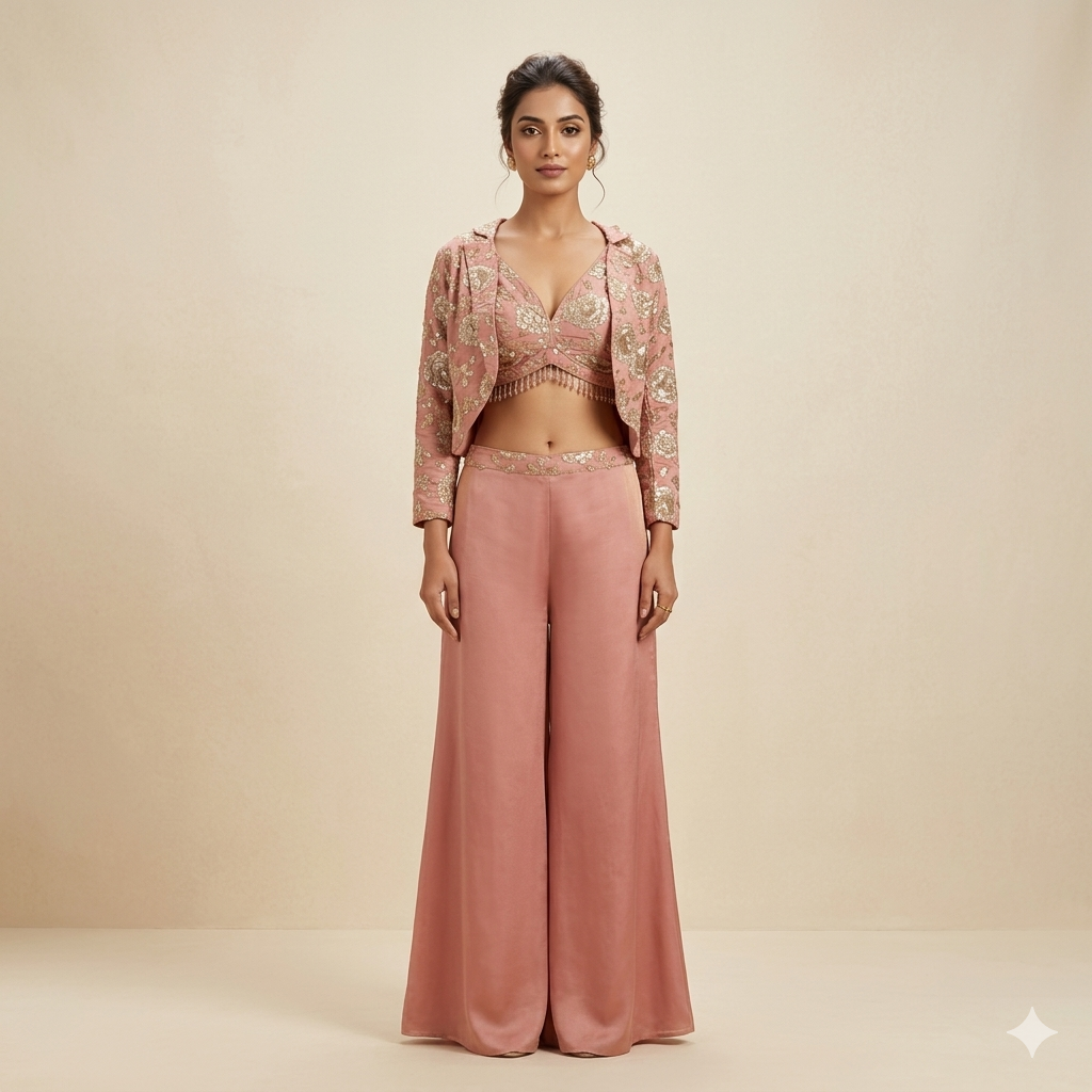 Tissue Embroidered Jacket Plazzo Set