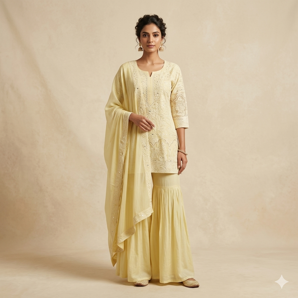 Lemon Chikankari Short Kurta Plazzo Set