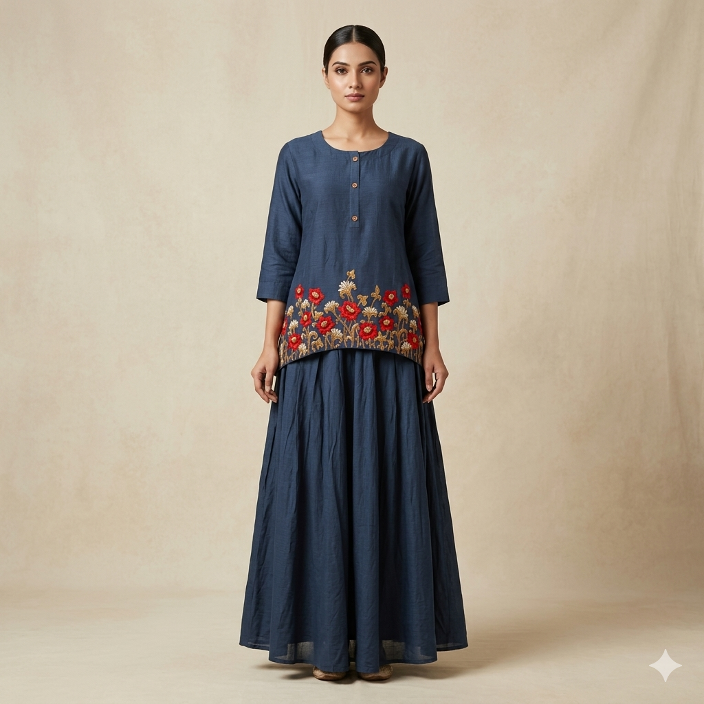 Navy Resham Floral Embroidered Asymmetric Gown