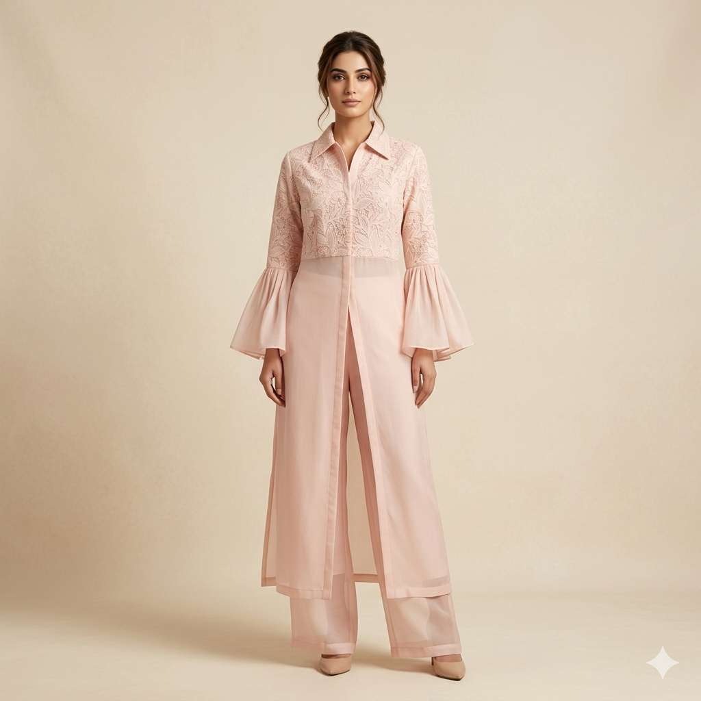 Peach Chikankari Shirt Dress Set