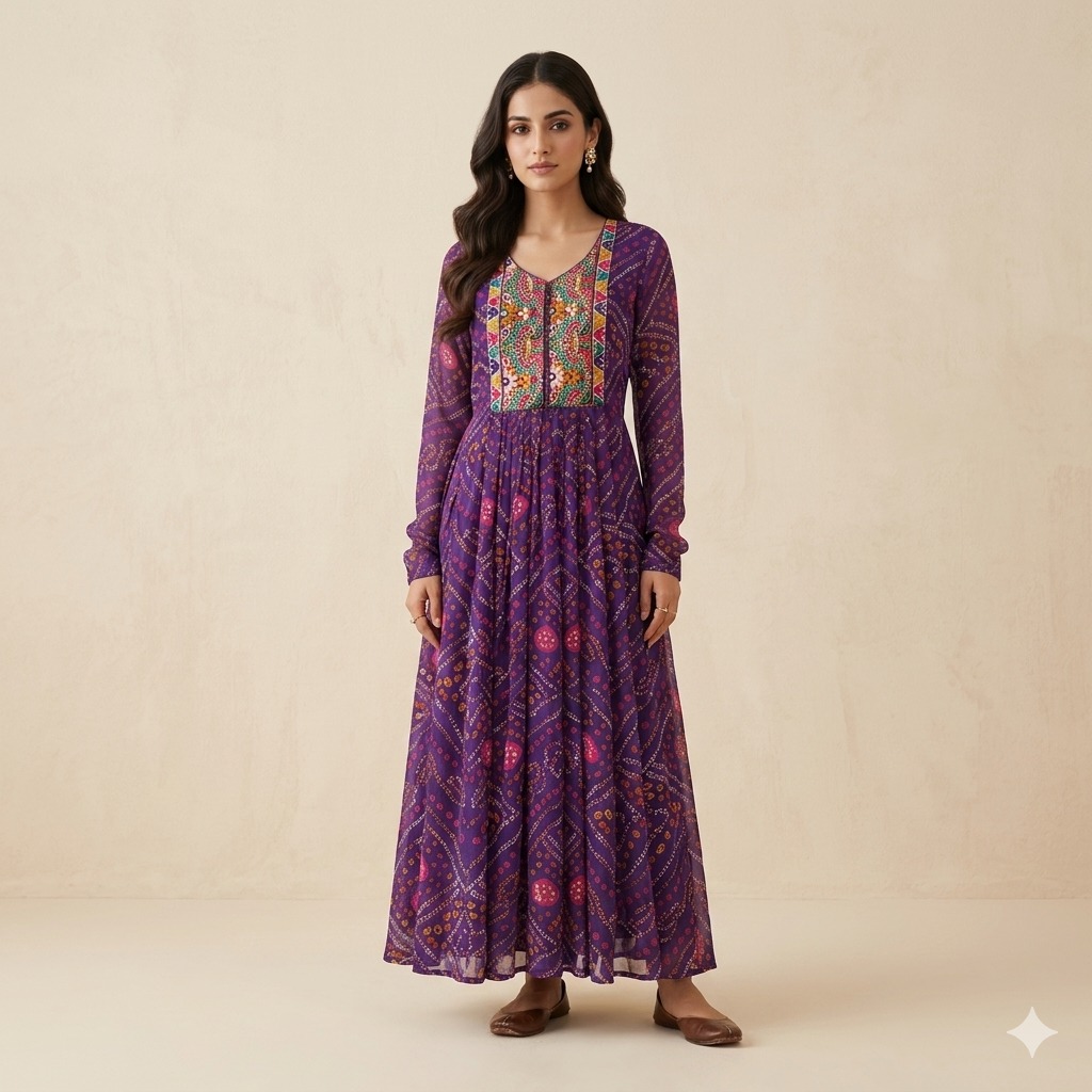 Purple Georgette Bandhini Kutchi Gown