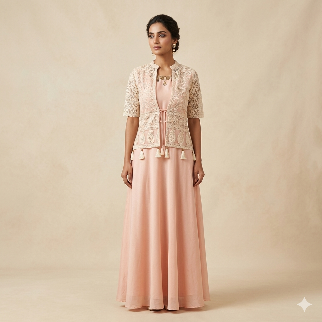 Peach Lucknowi Layered Top Dress