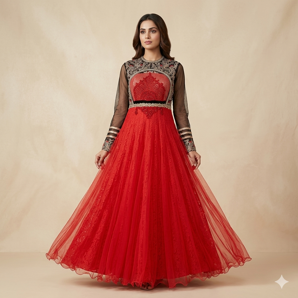 Red Black Tulle Embroidered Gown