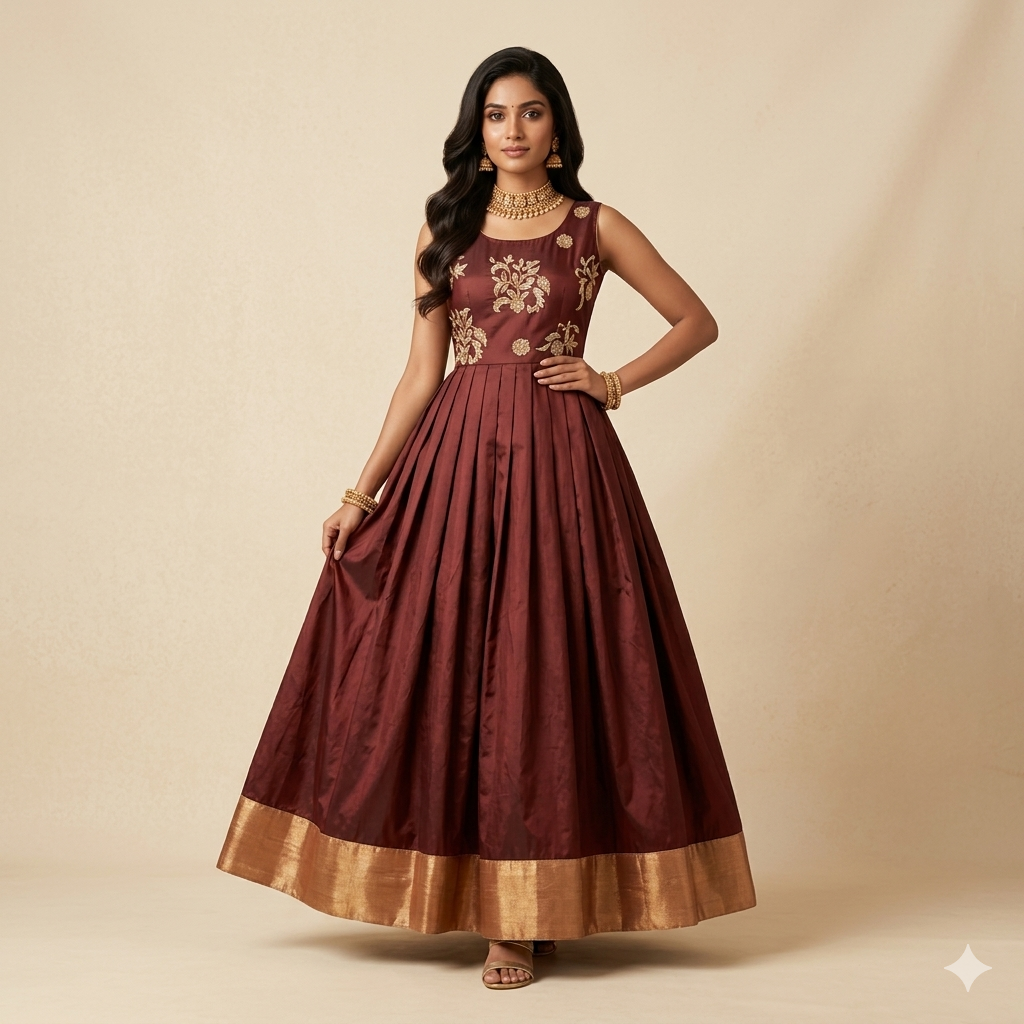 Maroon 2tone Silk Pitta Gown