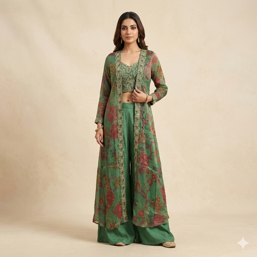 Mint Printed Tissue Embroidered Shrug Set