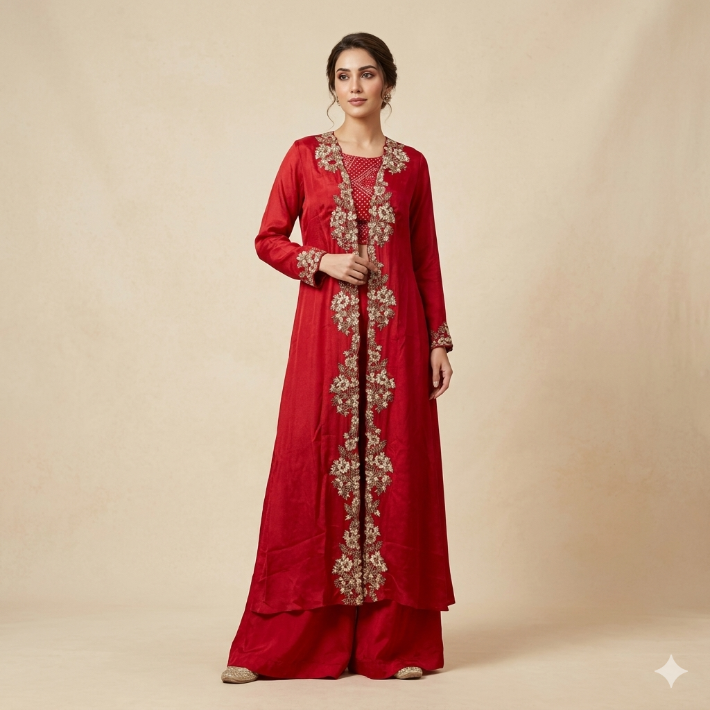 Cherry Red Chinon Embroidered Shrug Set