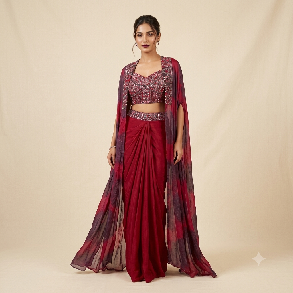 Mono Print Abla Embroidered Shrug Set