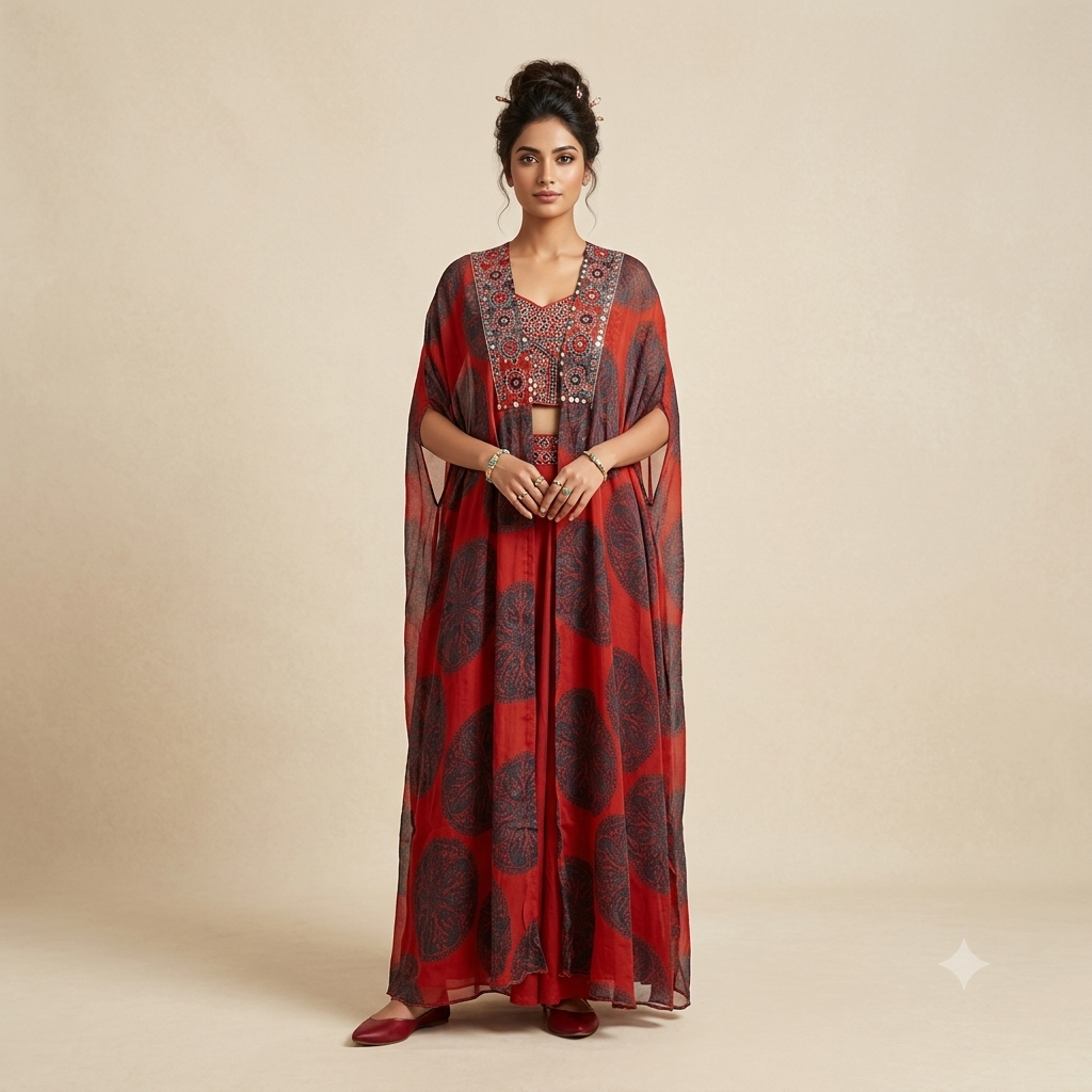 Mono Print Abla Embroidered Shrug Set