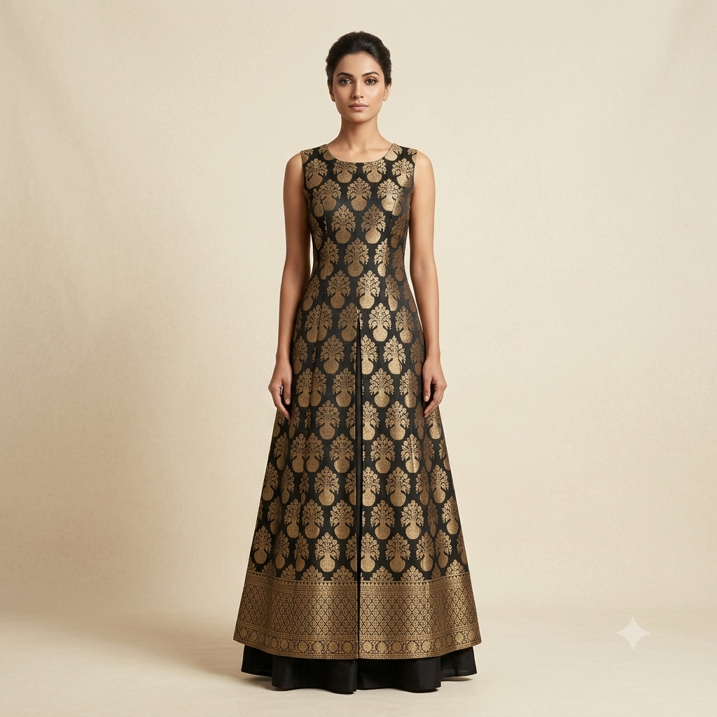 Black Brocade Indo-Western Set