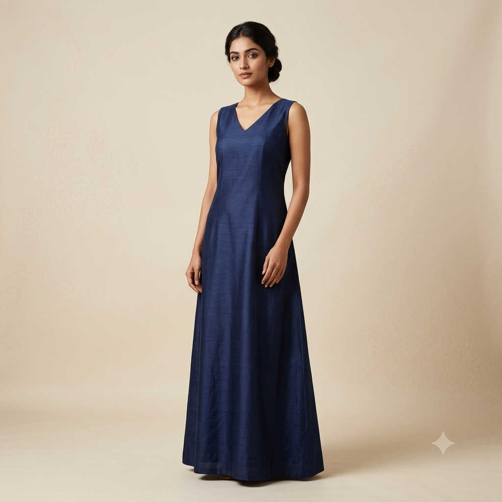 Navy Silk Textured Gown