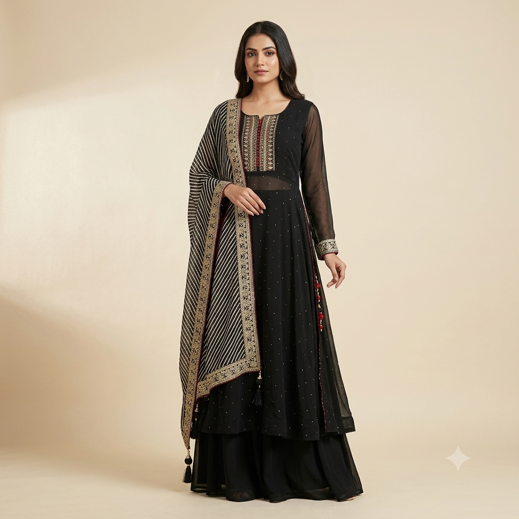 Black Placket Embroidered Indo-Western with Laheriya Dupatta