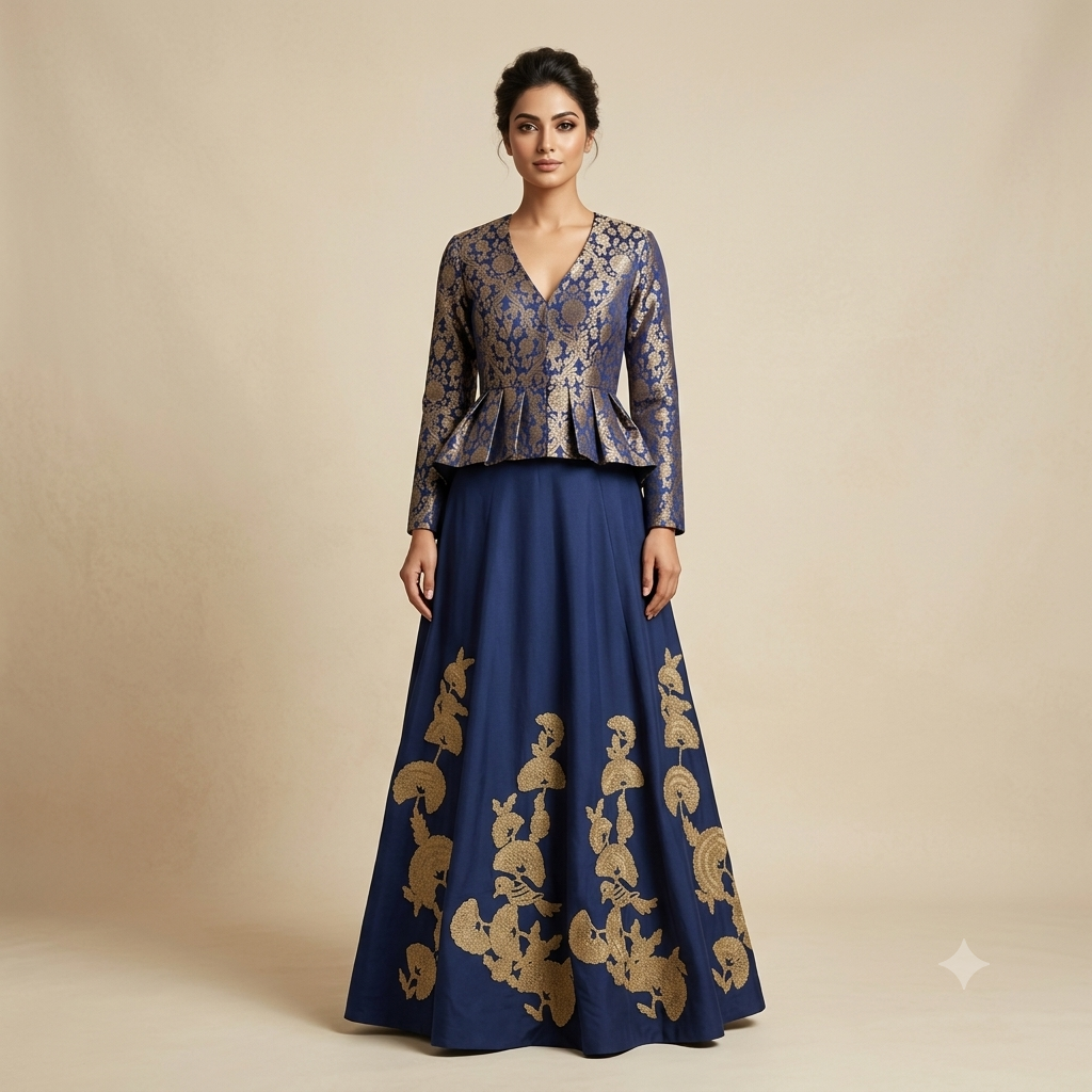 NavyBlue Brocade Top, Dori Embroidery Indo-Western Set