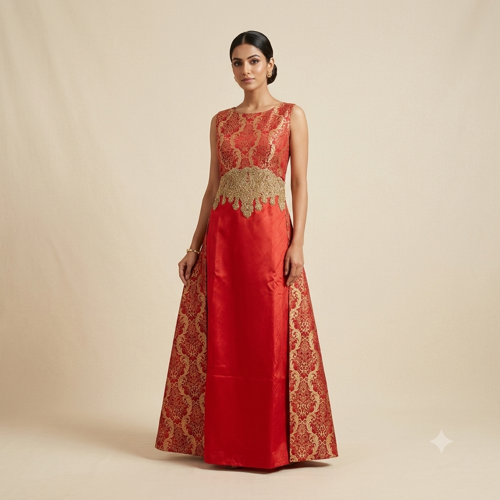 Red Brocade Silk Embroidered Gown