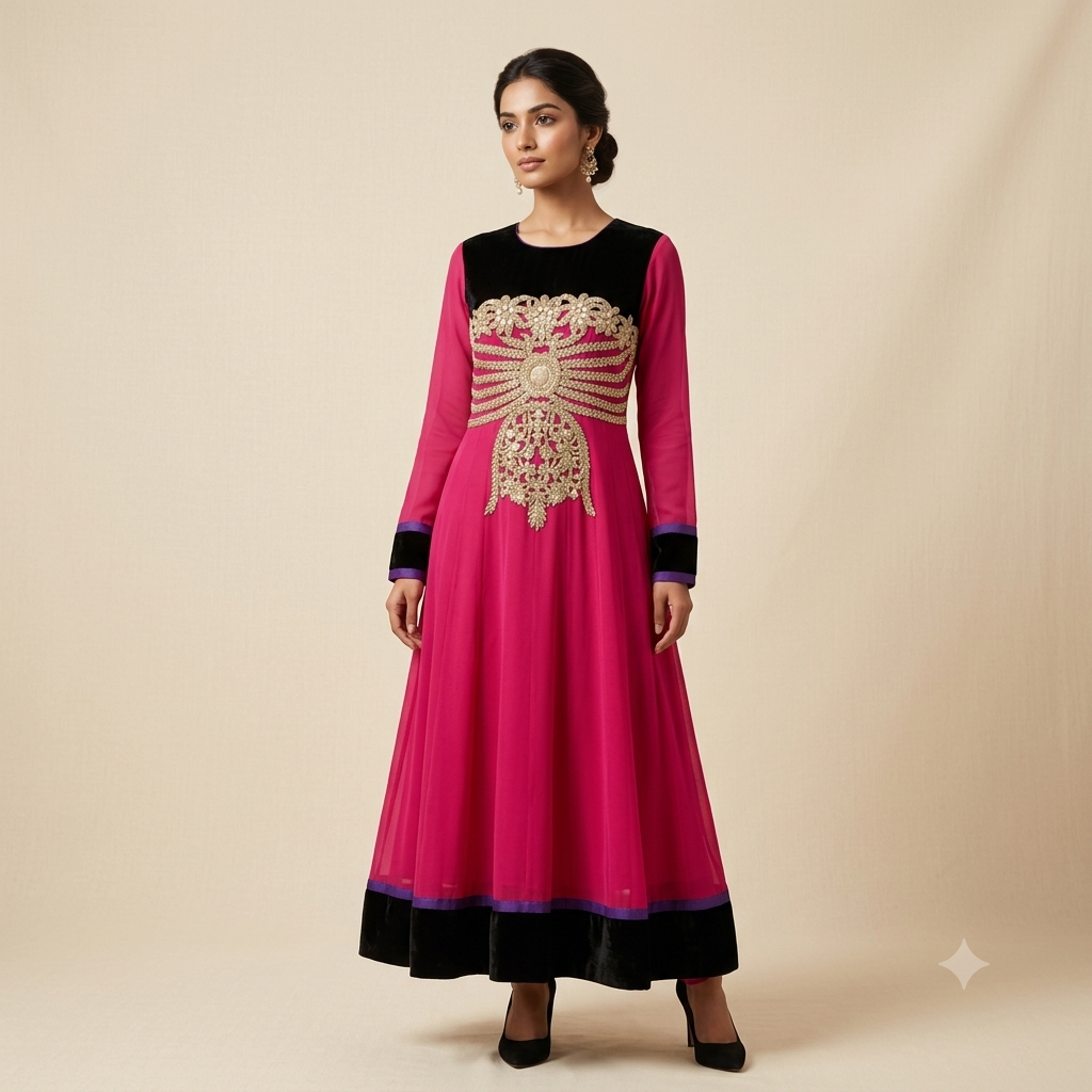 Pink Black Dora Embroidery Anarkali Set