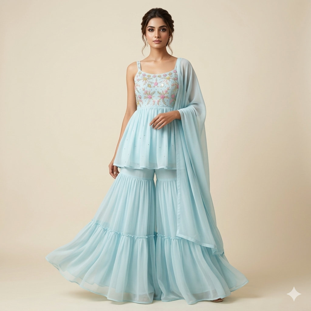 Aqua Georgette Multi-Thread Embroidered Sharara Set