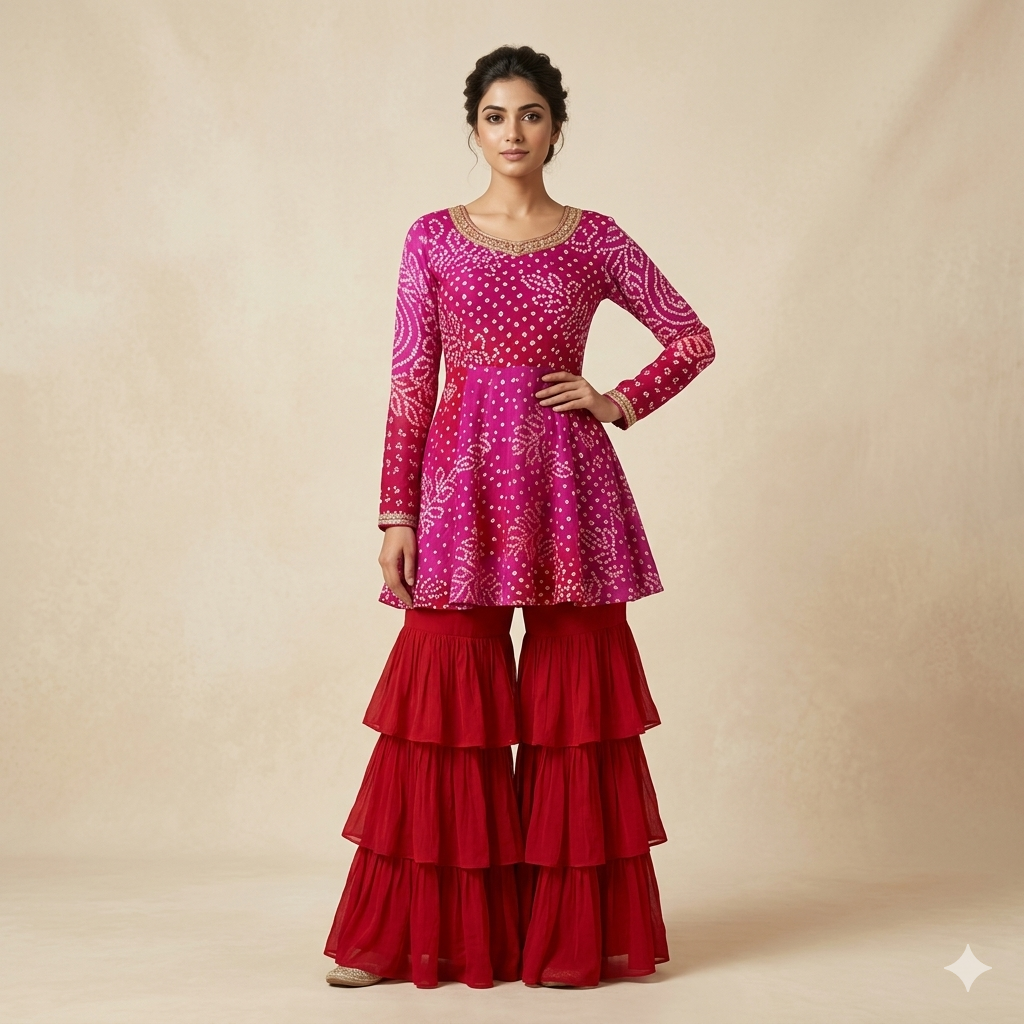 RaniRed Bandhini Peplum Sharara Set