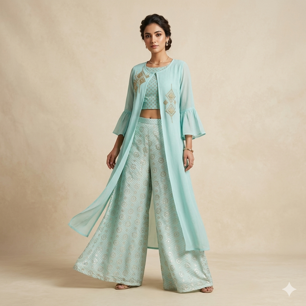 Embroidered Overlay with Printed Plazzo Set