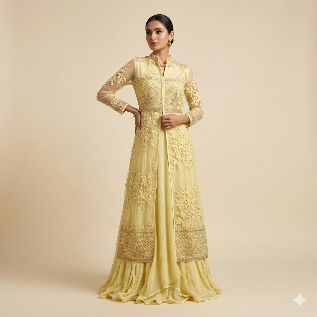 Lemon Self-Embroidered Jacket Gown Set