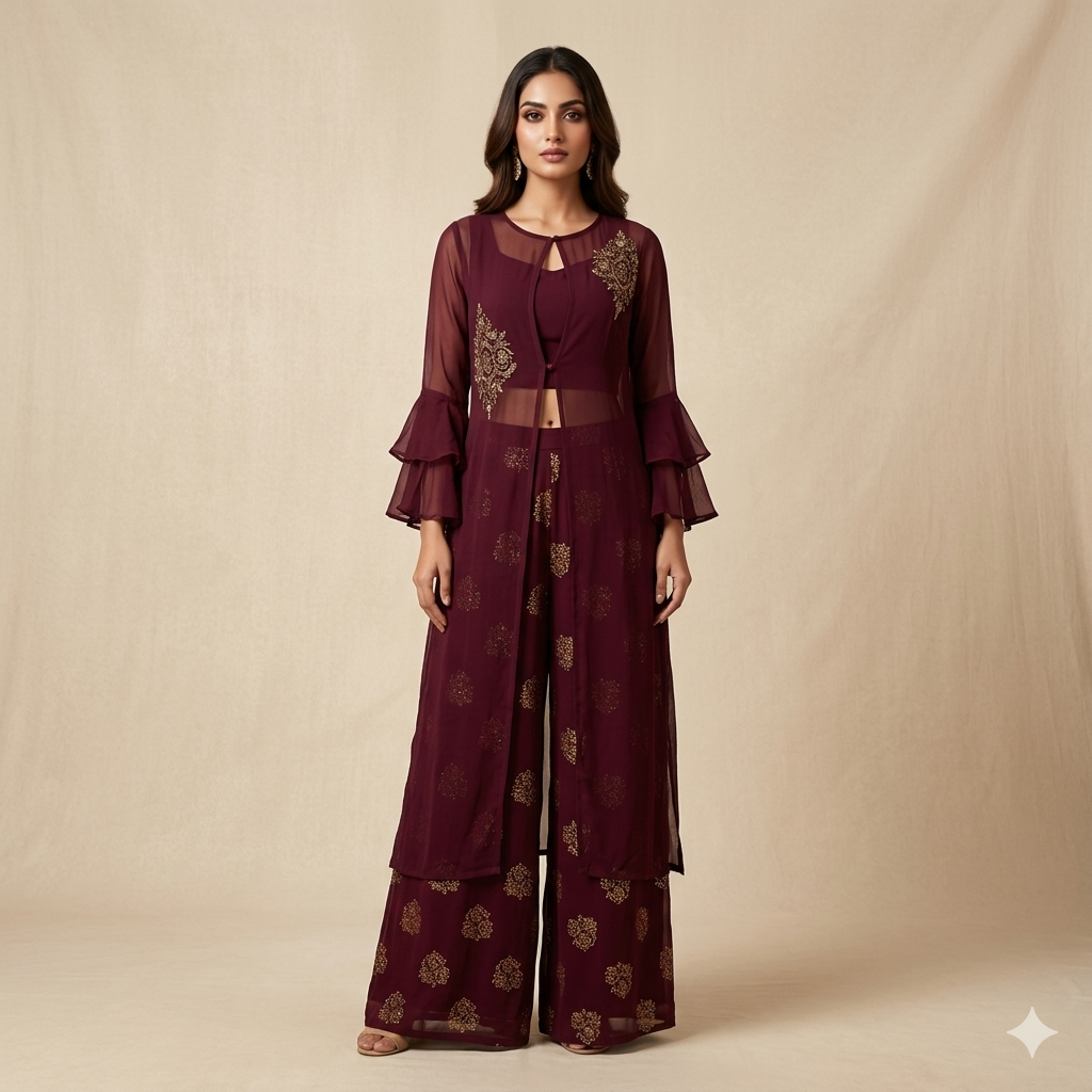 Embroidered Overlay with Printed Plazzo Set