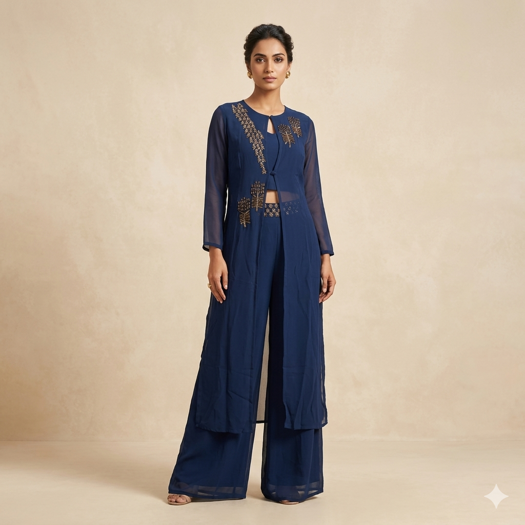 NavyBlue Embroidered Overlay Plazzo Set
