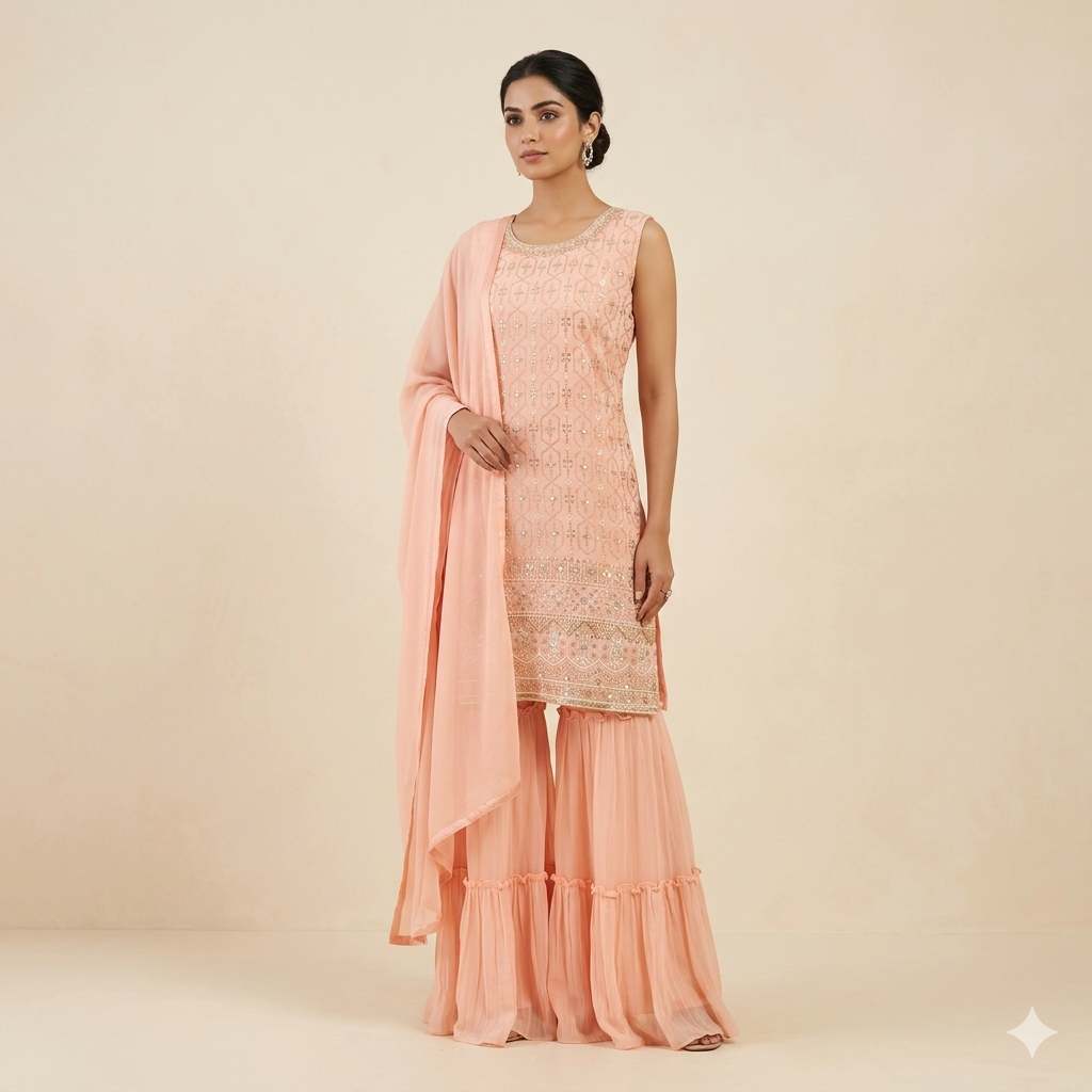 Peach Self Embroidered Sharara Set