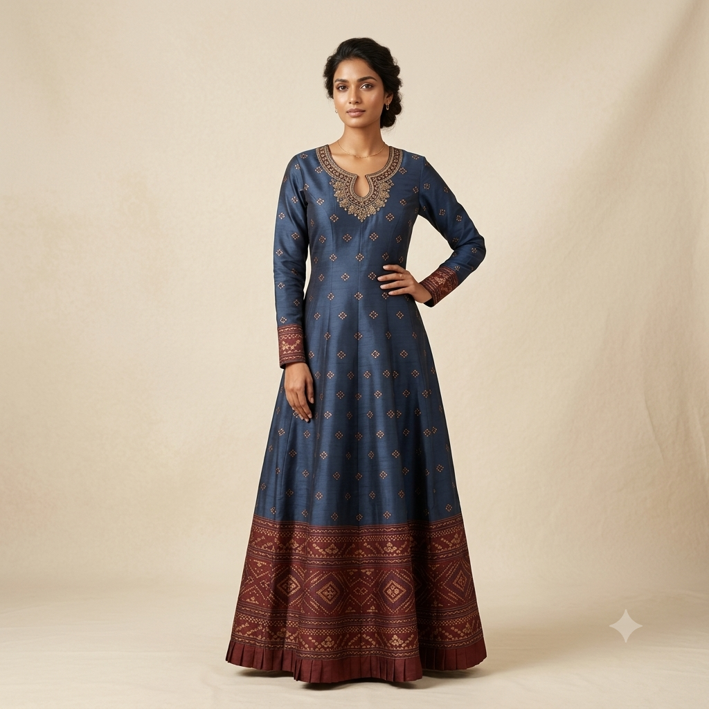 Navy Woven Silk Embroidered Gown