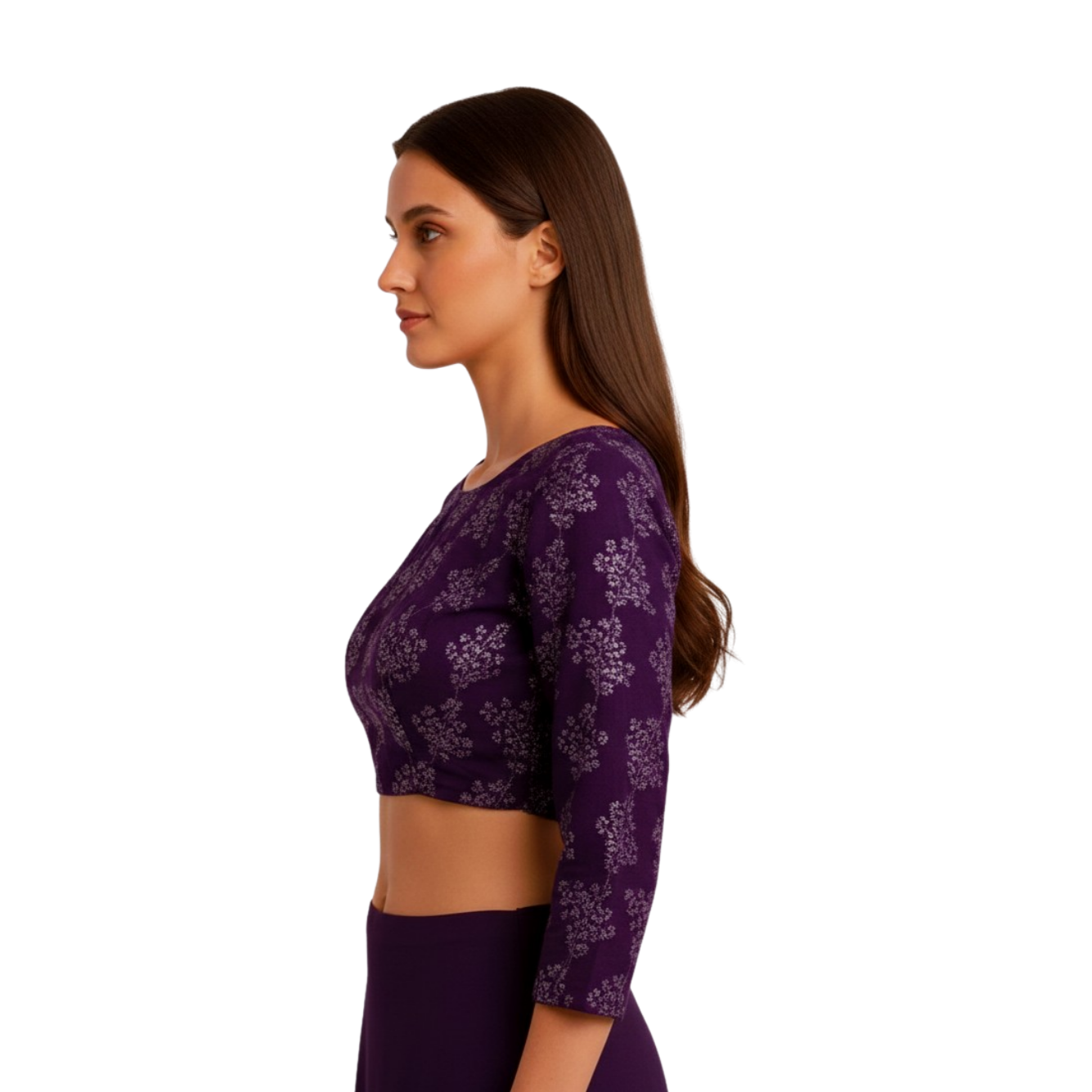 Statement Purple V-Neck Blouse with Quarter Sleeves and Geometric Work