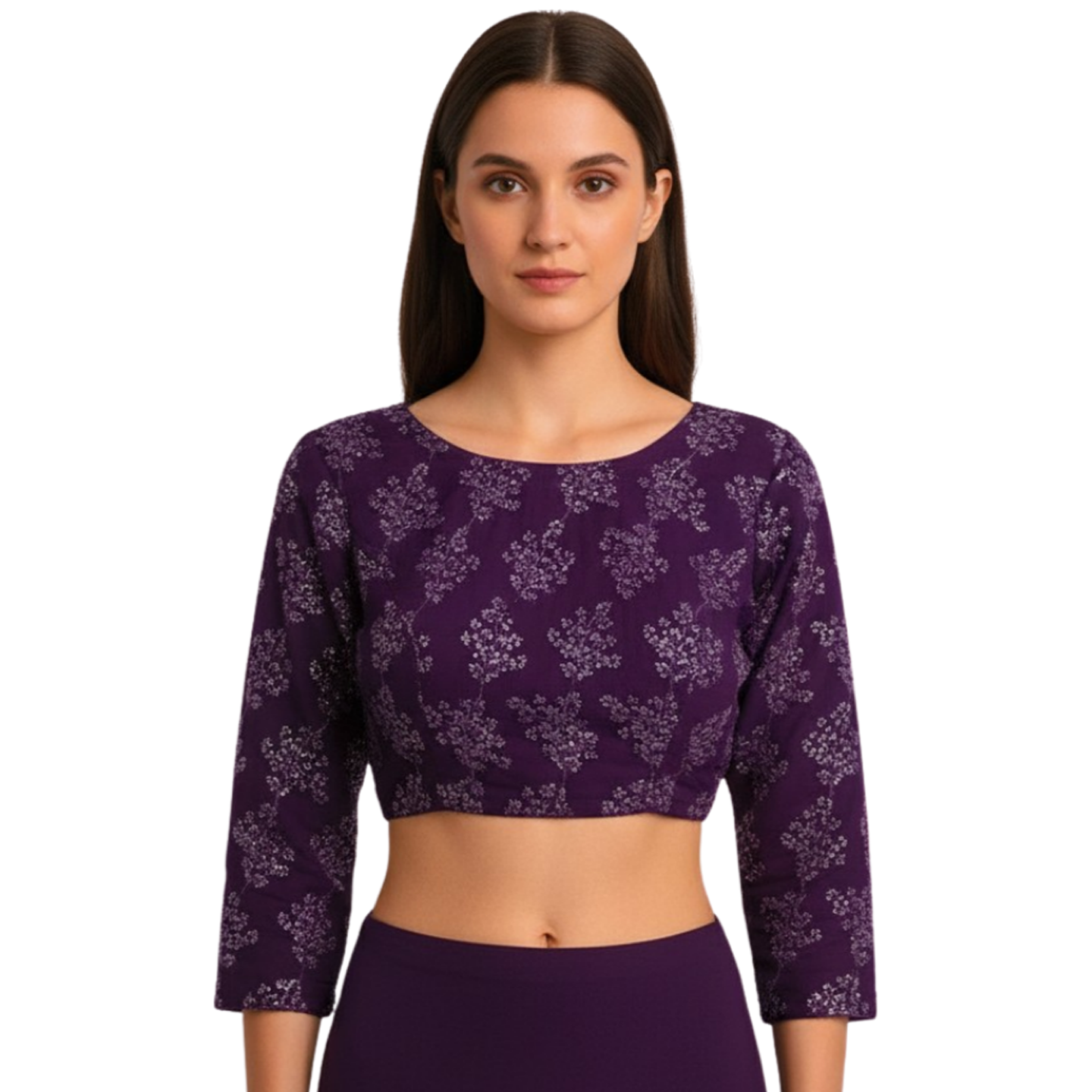 Statement Purple V-Neck Blouse with Quarter Sleeves and Geometric Work
