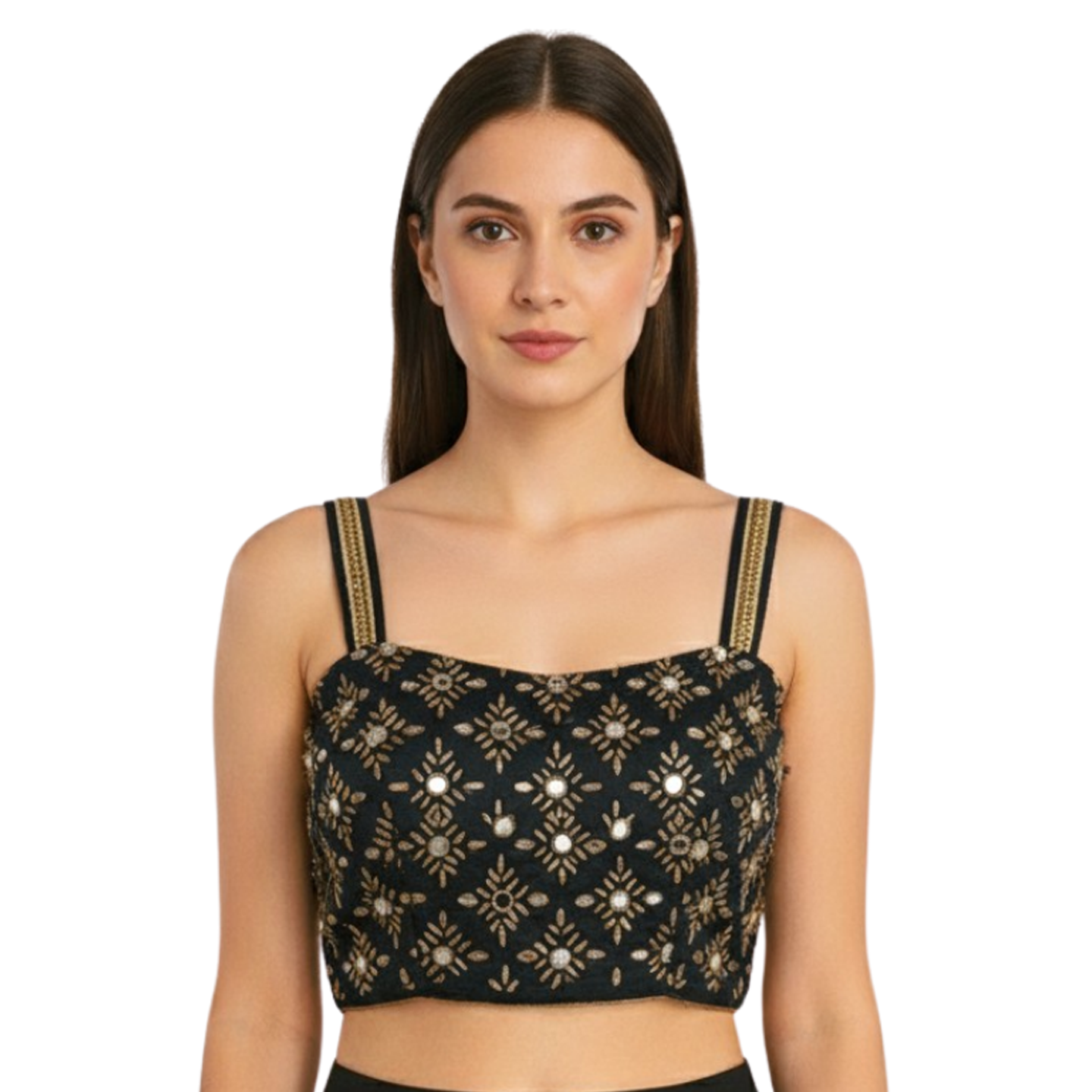 Striking Black Sleeveless Crop Top with Mirror and Thread Work