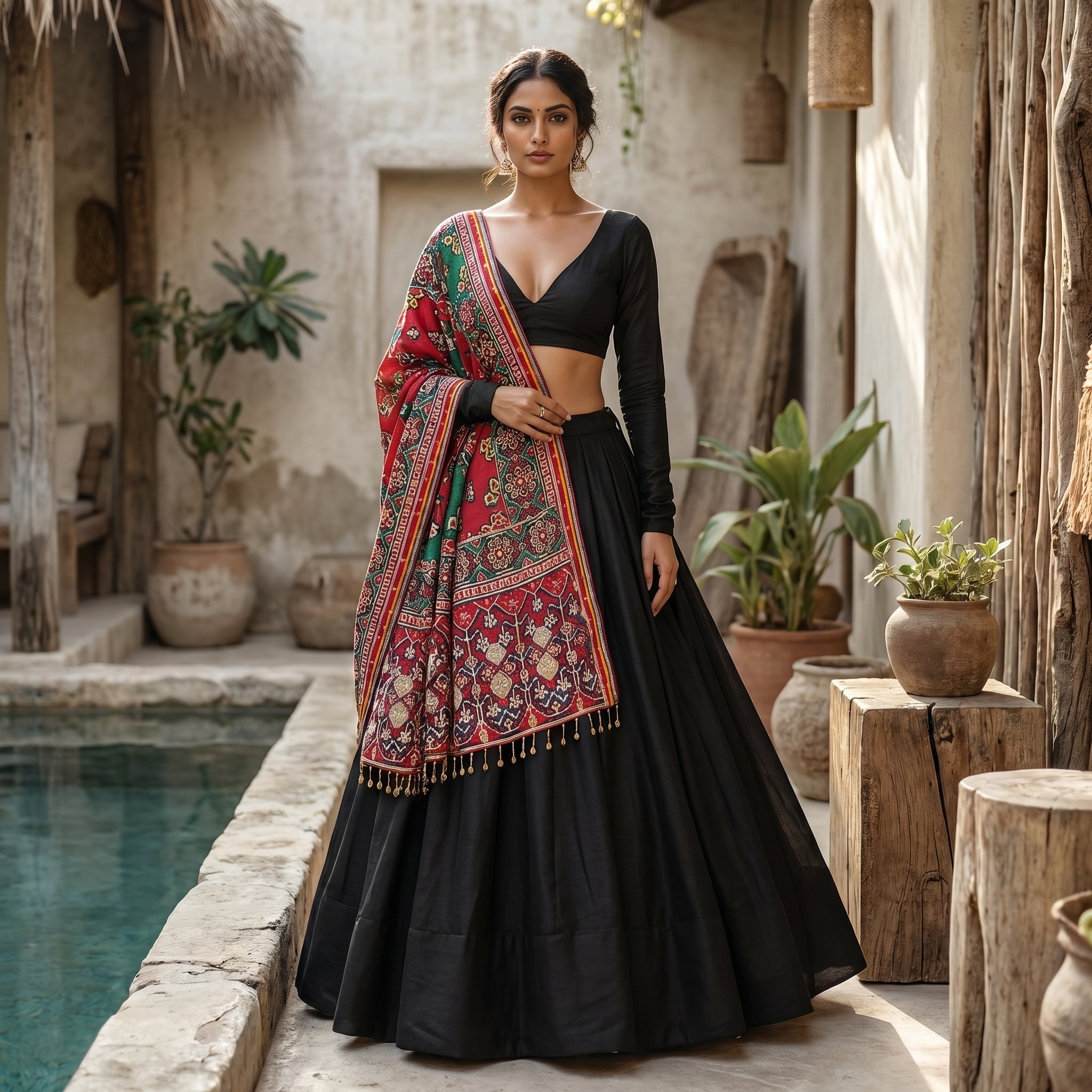 Black Chaniya Choli with Patan Embroidered Dupatta / 10mtrs Gher / No Repeat - Unique & Single Peice