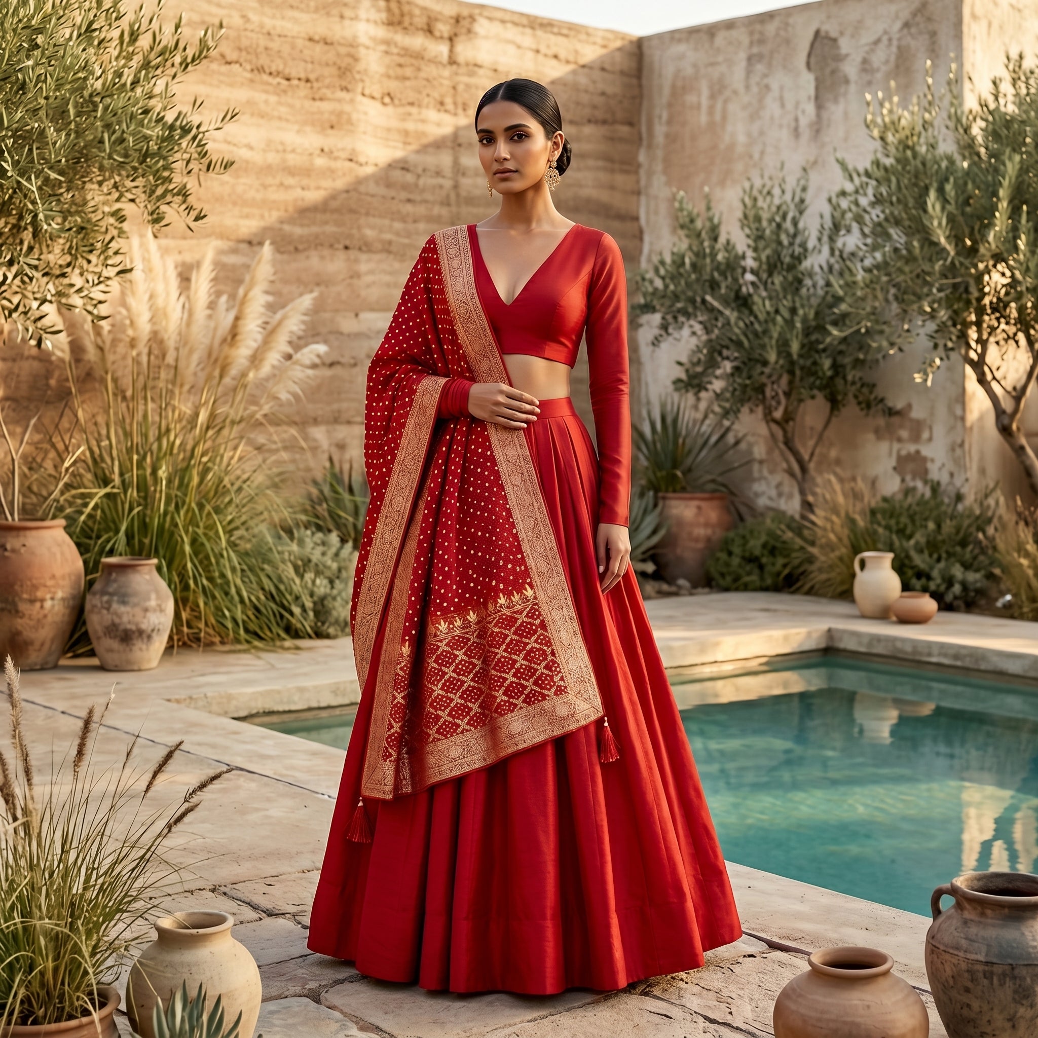 Red Chaniya Choli with Real Bandhej Dupatta / 10mtrs Gher / No Repeat - Unique & Single Piece