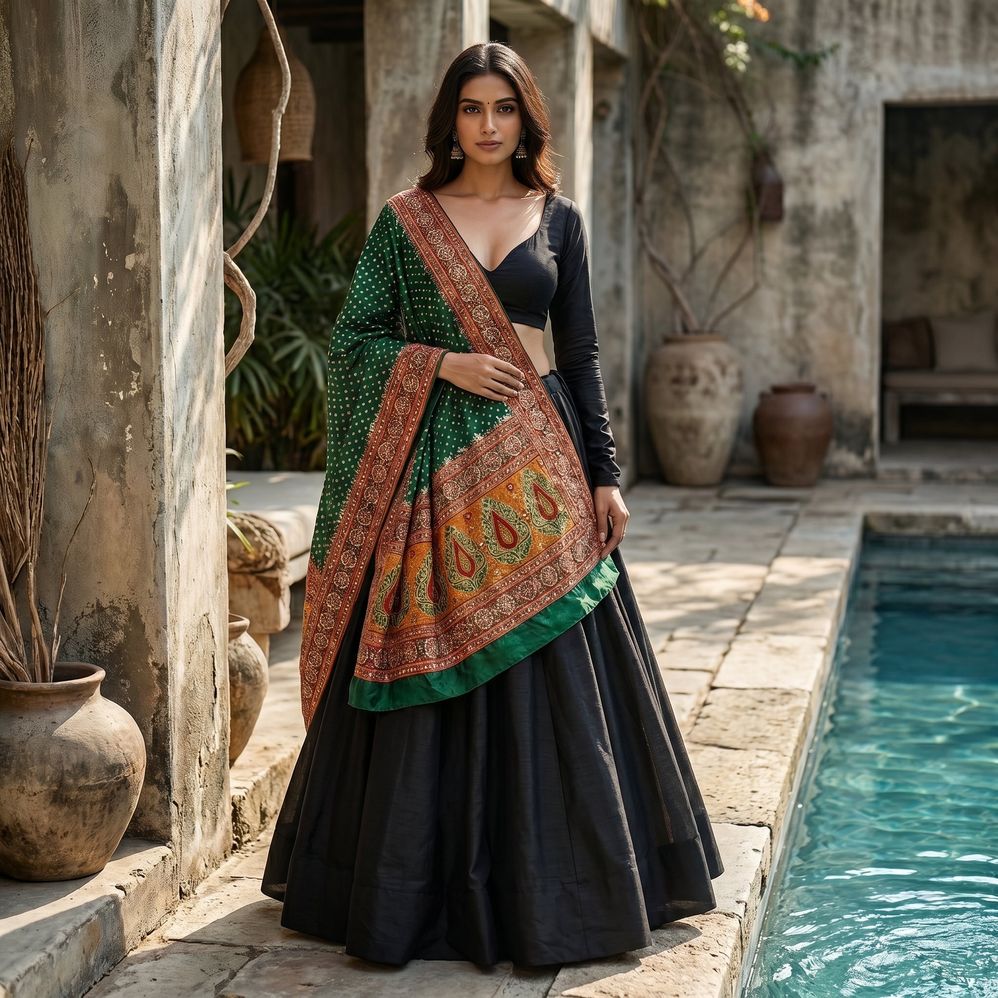 Black Chaniya Choli with Bottle Green Bandhini-Kutchi Dupatta / 10mtrs Gher / No Repeat - Unique & Single Peice