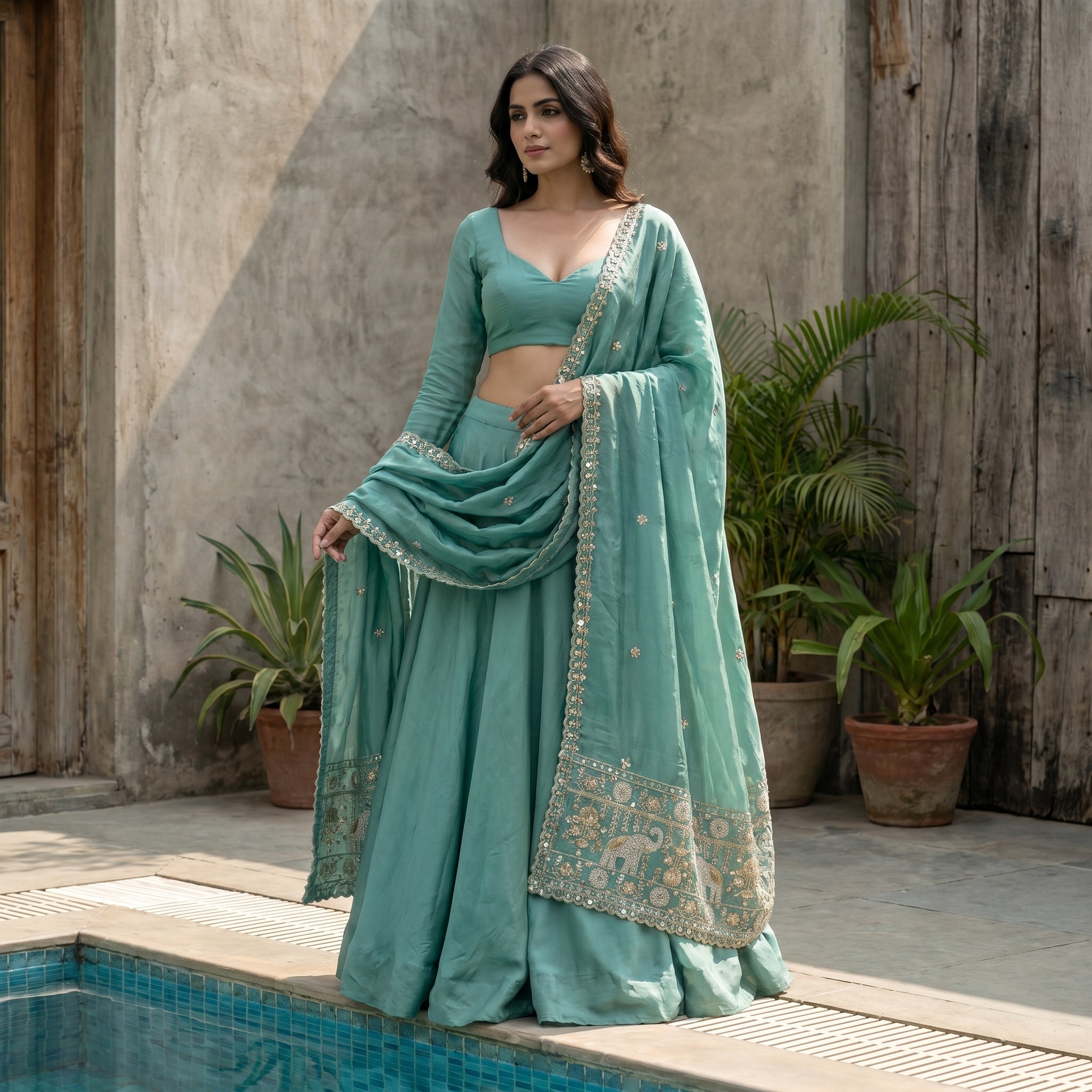 Sage Green Chaniya Choli with Embroidered Dupatta / 10mtrs Gher / No Repeat - Unique & Single Peice