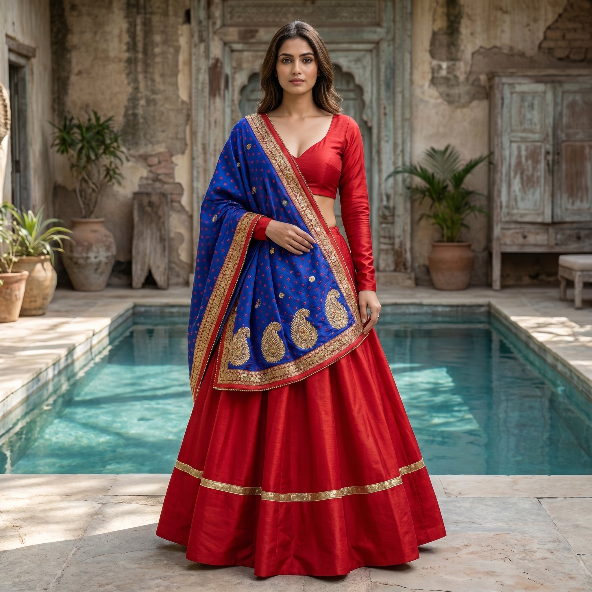 Red Chaniya Choli with RoyalBlue Bandhini GotaPatti Dupatta / 10mtrs Gher / No Repeat - Unique & Single Piece