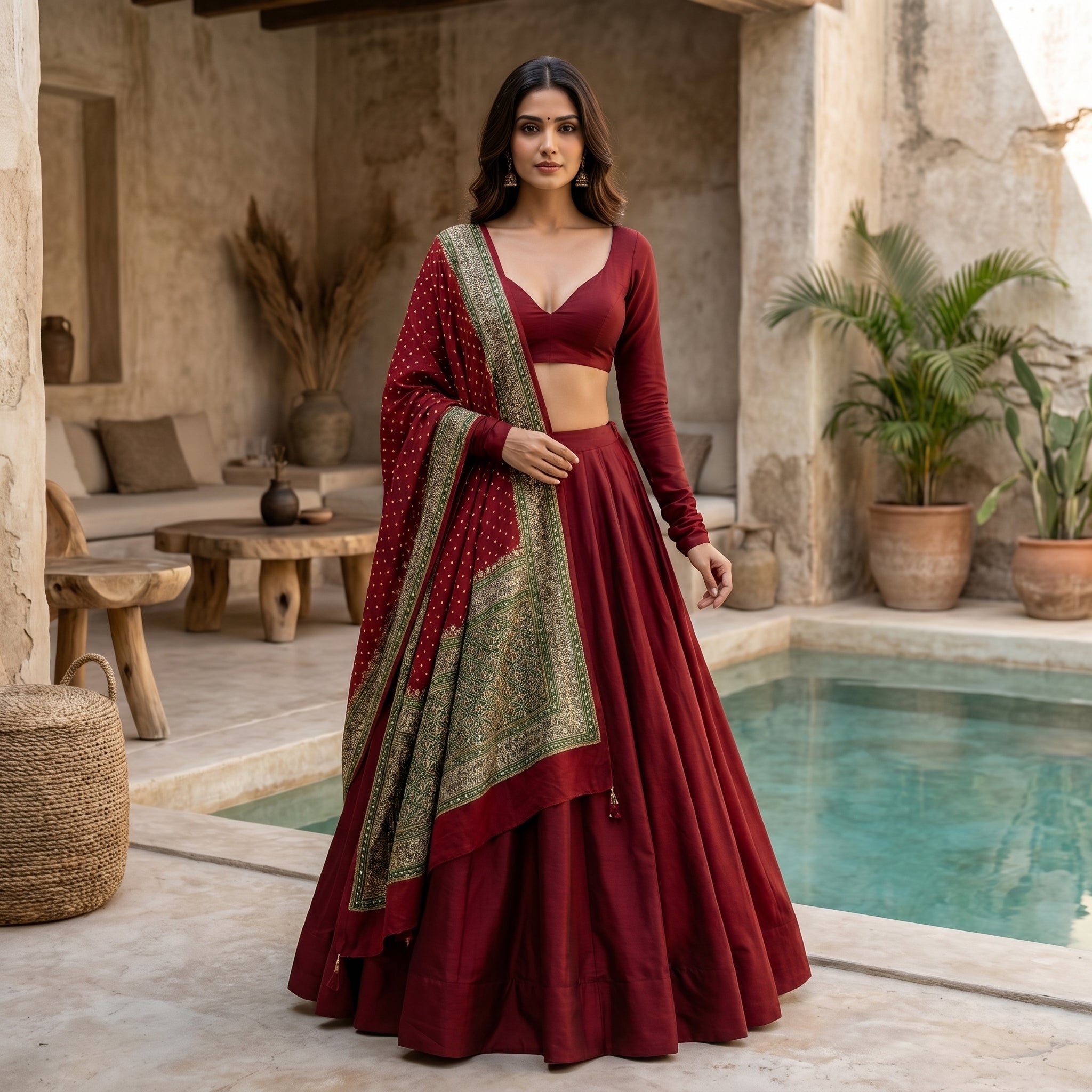 Maroon Chaniya Choli with EkTaar Kasab Embroidered Dupatta / 10mtrs Gher / No Repeat - Unique & Single Piece