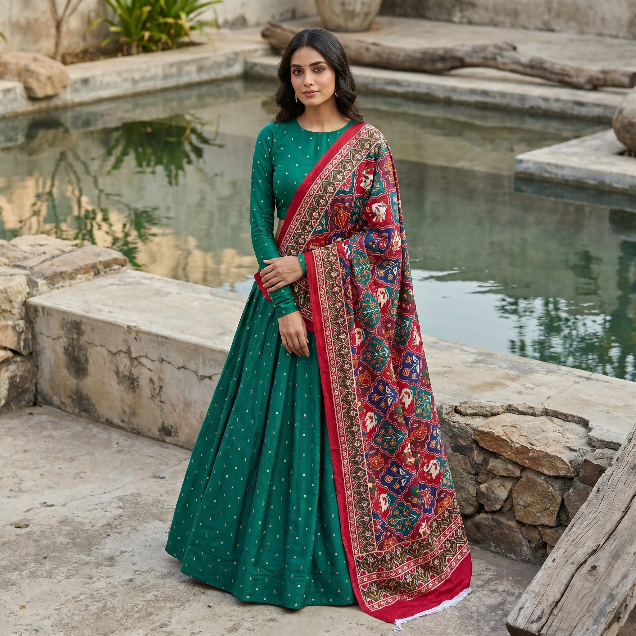 Rama Chaniya Choli with Patan Embroidered Dupatta / 10mtrs Gher / No Repeat - Unique & Single Piece