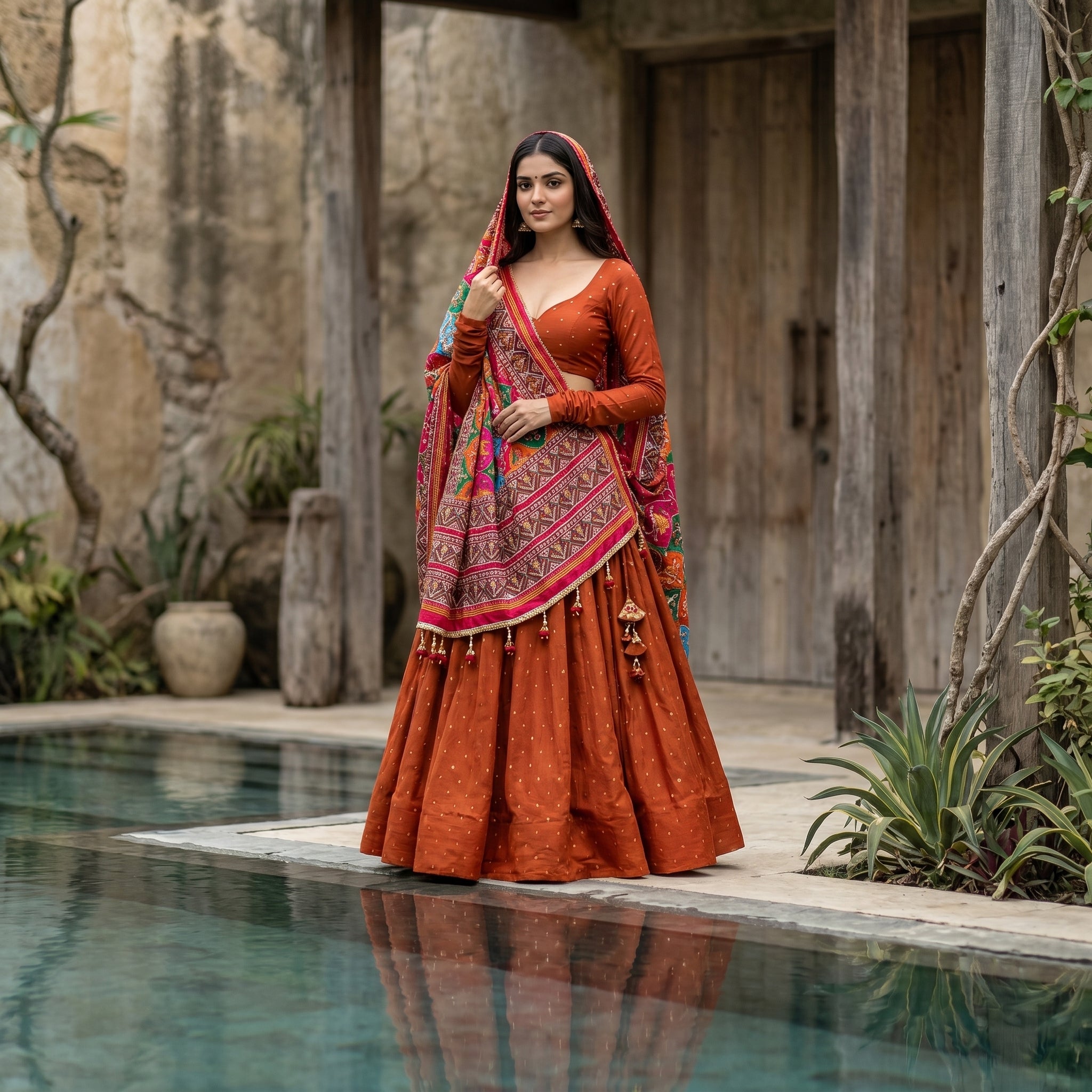 Rust Chaniya Choli with Embroidered Patan Dupatta / 10mtrs Gher / No Repeat - Unique & Single Piece