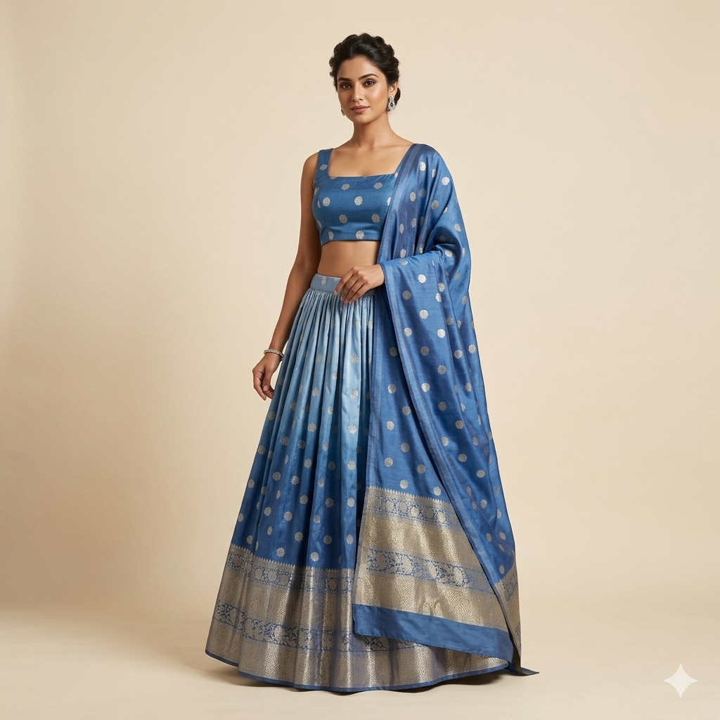 Teal Ombre Benarasi Vintage Chaniya Choli Set