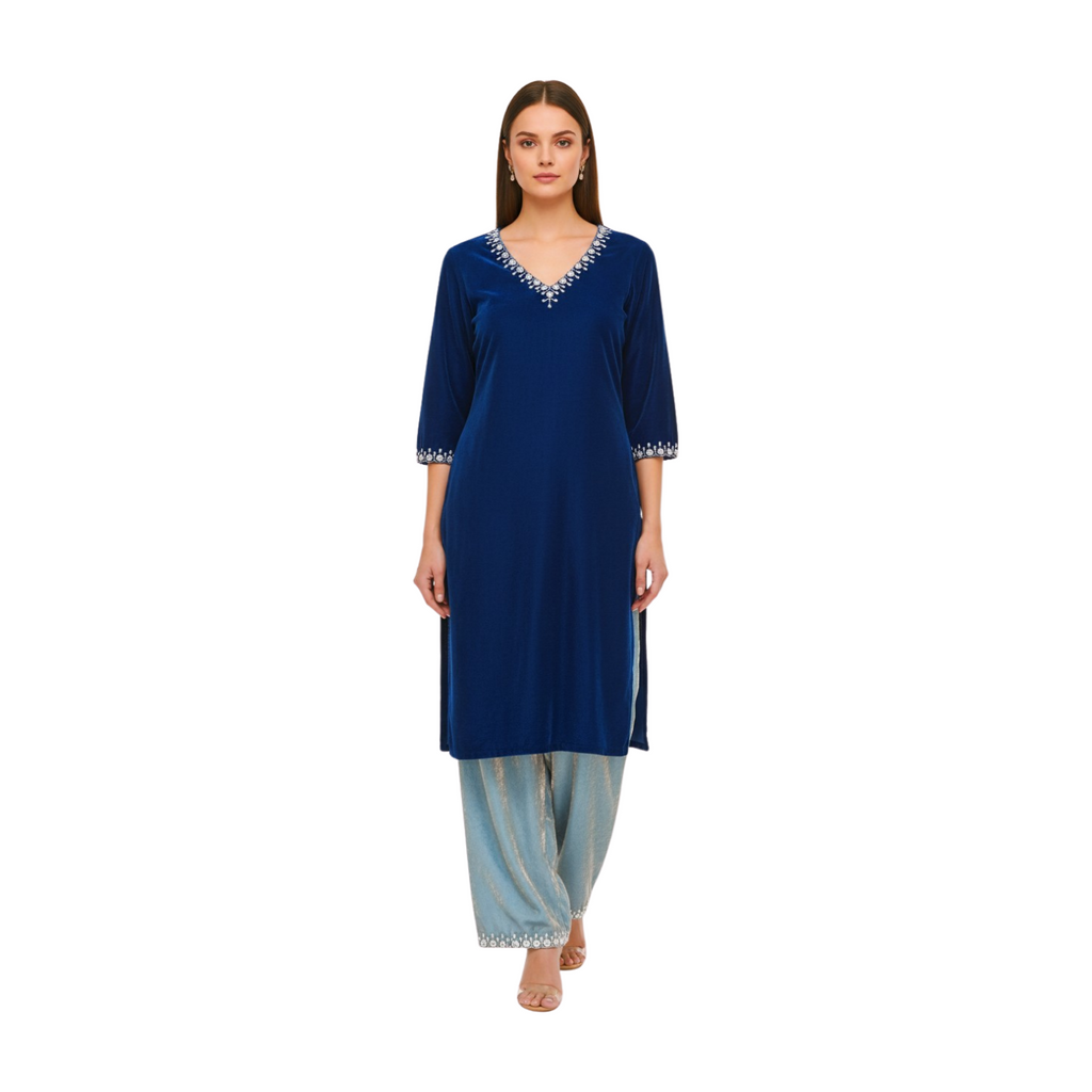 Contemporary Velvet Kurta and Embroidered Wide-Leg Pants