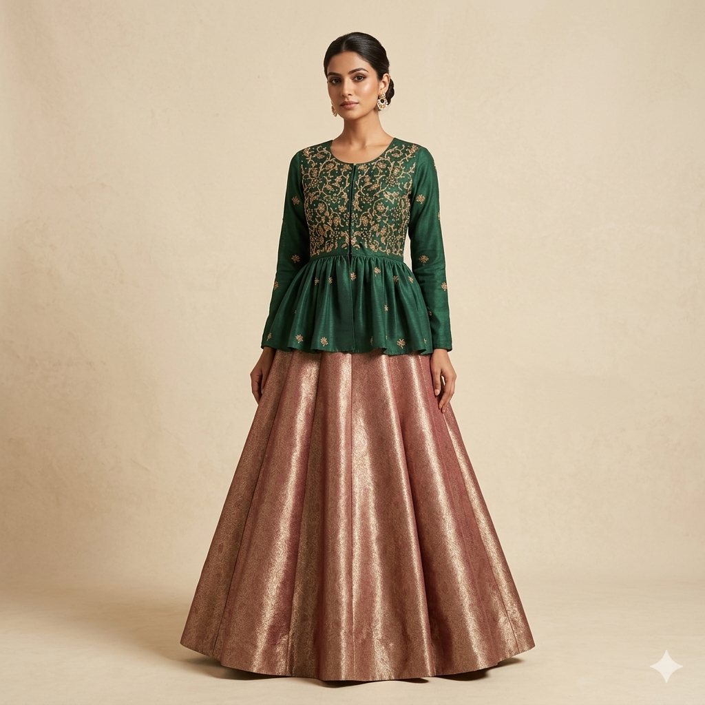 BottleGreen Dabka Embroidered Peplum with Self Weave Skirt