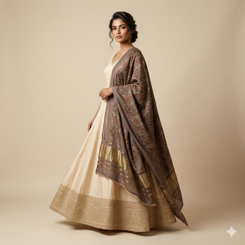 Beige Monga Anarkali with Natural Ajrak Dupatta